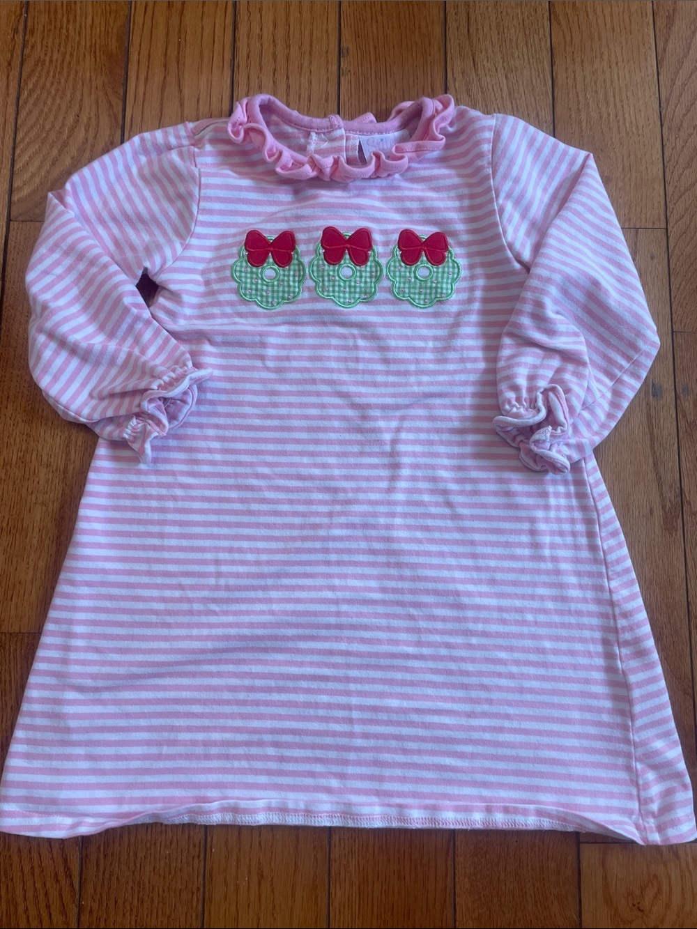 Girls' Pink Striped Ruffle Collar Dress with Green Bow Appliqués